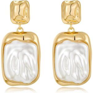 🆕Women Gold Baroque Pearl Dangle Irregular Pearl Earrings Fashion Jewelry
